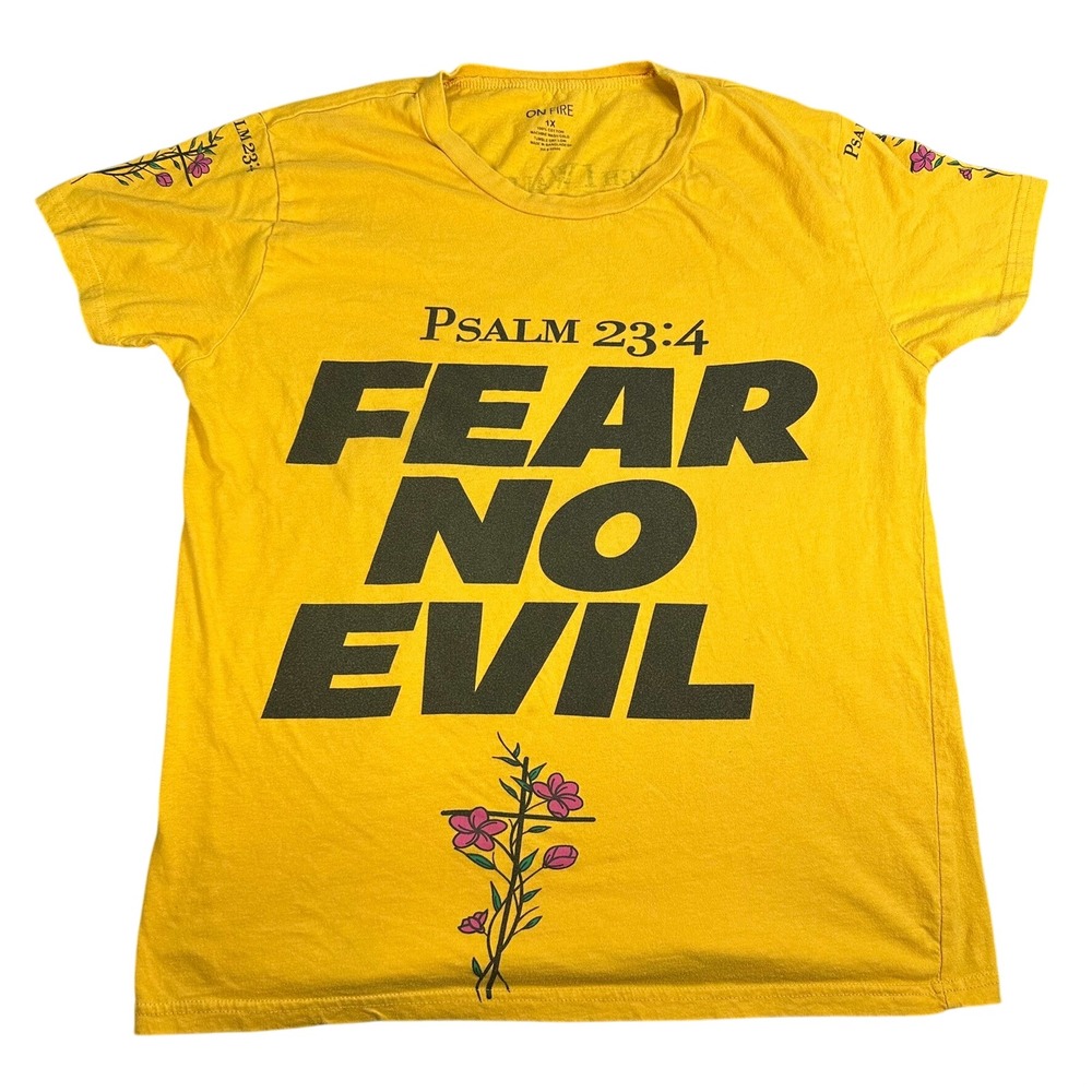 On Fire Fear No‎ Evil Yellow Graphic T-Shirt Womens 1X Religious Cotton Psalms